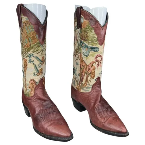 Vintage Dan Post Women’s Tapestry Brown Leather Cowgirl Boot Size US 7.5