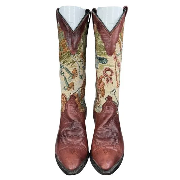 Vintage Dan Post Women’s Tapestry Brown Leather Cowgirl Boot Size US 7.5