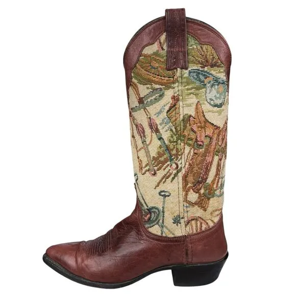 Vintage Dan Post Women’s Tapestry Brown Leather Cowgirl Boot Size US 7.5