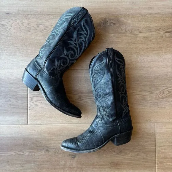 Vintage Dan Post Black Leather Cowboy Boots Made in USA Size 8 Western