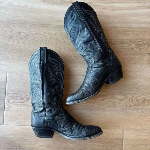 Vintage Dan Post Black Leather Cowboy Boots Made in USA Size 8 Western