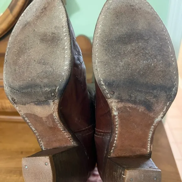 Vintage dingo acme 14” brown floral cowgirl boots with tooled tulip overlay