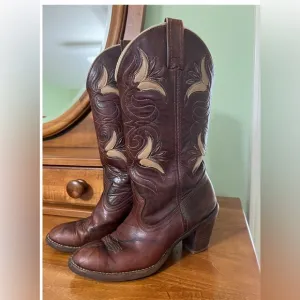 Vintage dingo acme 14” brown floral cowgirl boots with tooled tulip overlay