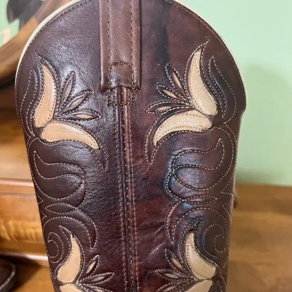 Vintage dingo acme 14” brown floral cowgirl boots with tooled tulip overlay