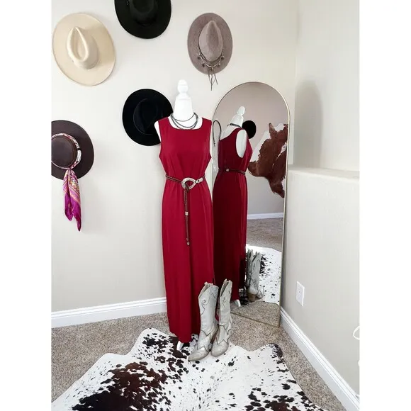 Vintage Double D Ranch Wear Red Western Maxi Sleeveless Dress Small NFR Small