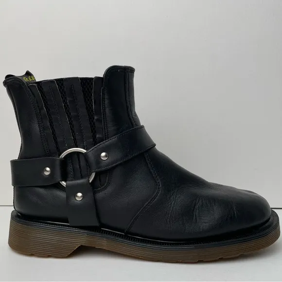 Vintage Dr Martens England Black Greasy Leather Harness Strap Chelsea Boots UK 5