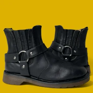 Vintage Dr Martens England Black Greasy Leather Harness Strap Chelsea Boots UK 5