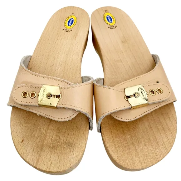 Vintage Dr. Scholl's Original wooden clogs slip on sandals boho leather sz 9