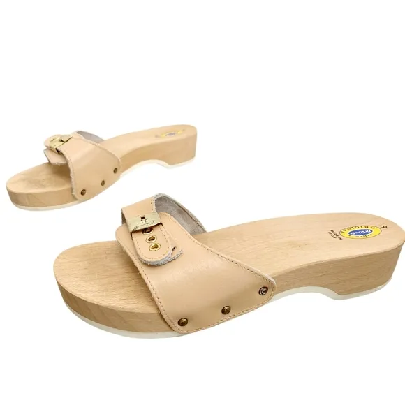 Vintage Dr. Scholl's Original wooden clogs slip on sandals boho leather sz 9