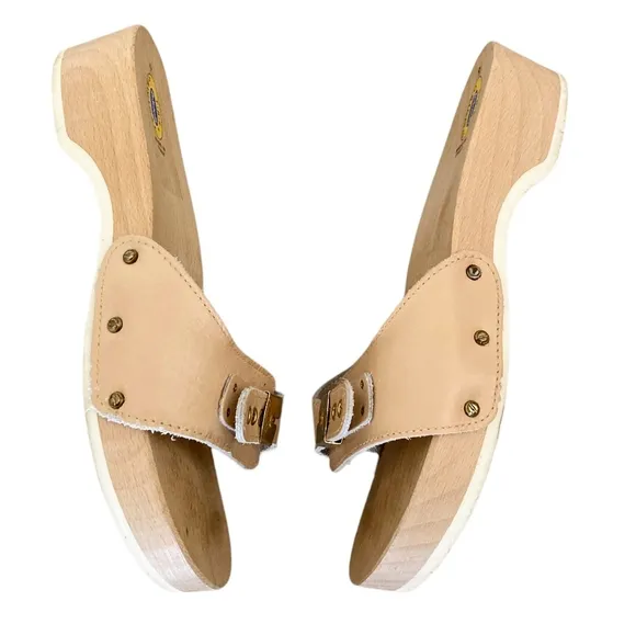 Vintage Dr. Scholl's Original wooden clogs slip on sandals boho leather sz 9