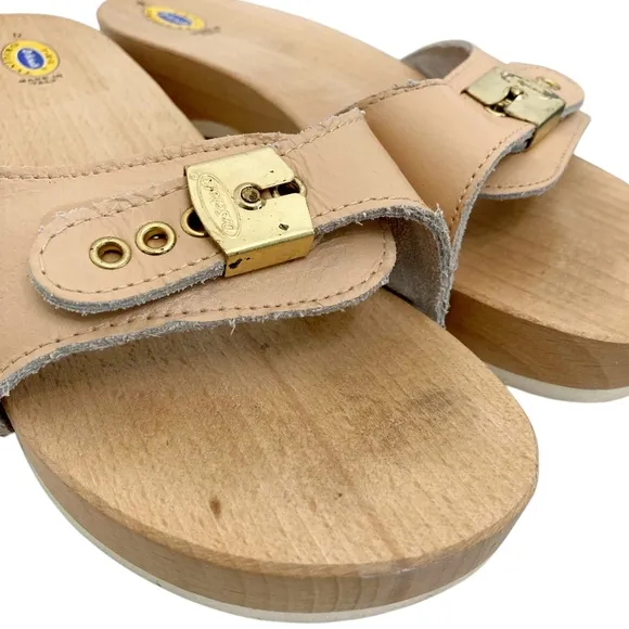 Vintage Dr. Scholl's Original wooden clogs slip on sandals boho leather sz 9