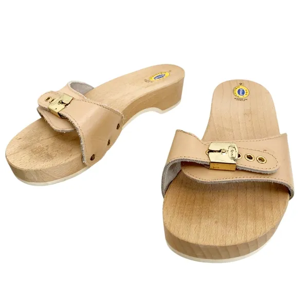 Vintage Dr. Scholl's Original wooden clogs slip on sandals boho leather sz 9