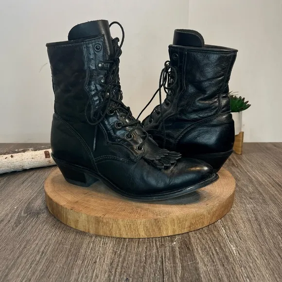 *Vintage Durango | Black Leather Kiltie Fringe Heeled Prairie Boots Size 7.5