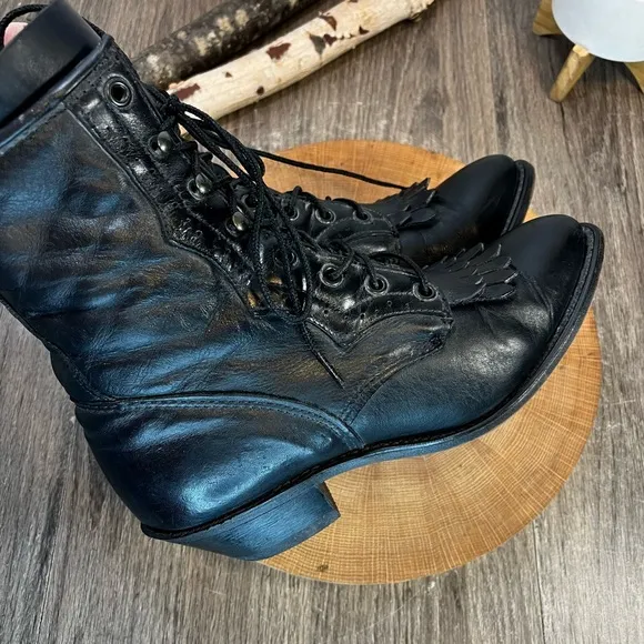 *Vintage Durango | Black Leather Kiltie Fringe Heeled Prairie Boots Size 7.5