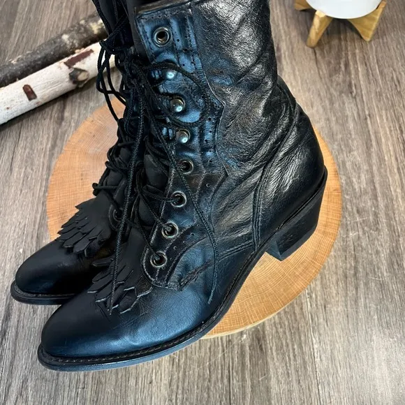 *Vintage Durango | Black Leather Kiltie Fringe Heeled Prairie Boots Size 7.5