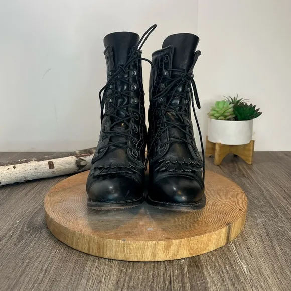*Vintage Durango | Black Leather Kiltie Fringe Heeled Prairie Boots Size 7.5