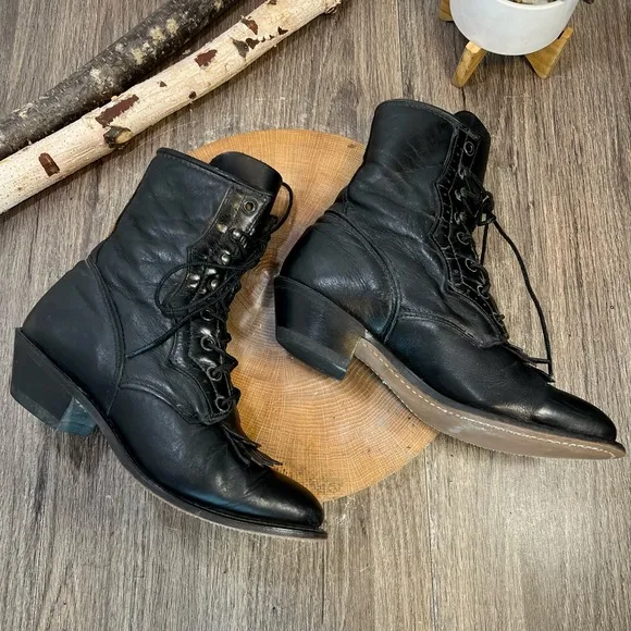 *Vintage Durango | Black Leather Kiltie Fringe Heeled Prairie Boots Size 7.5