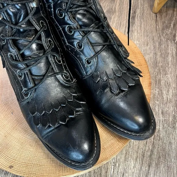 *Vintage Durango | Black Leather Kiltie Fringe Heeled Prairie Boots Size 7.5