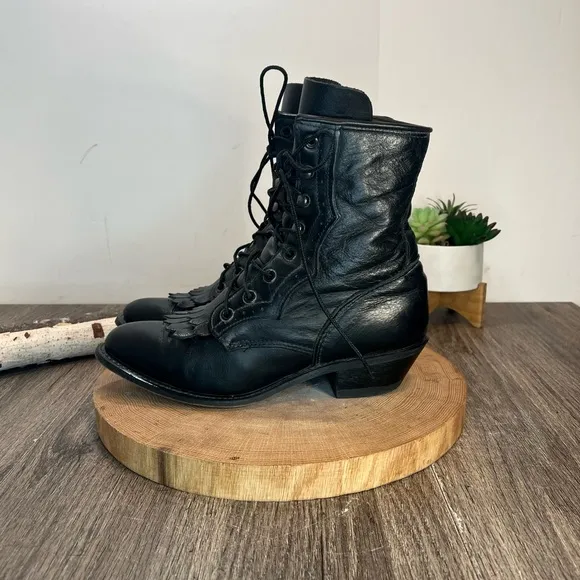 *Vintage Durango | Black Leather Kiltie Fringe Heeled Prairie Boots Size 7.5