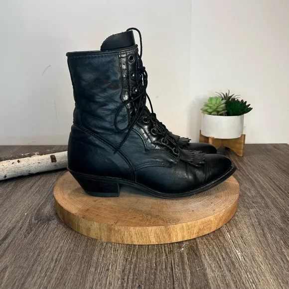*Vintage Durango | Black Leather Kiltie Fringe Heeled Prairie Boots Size 7.5
