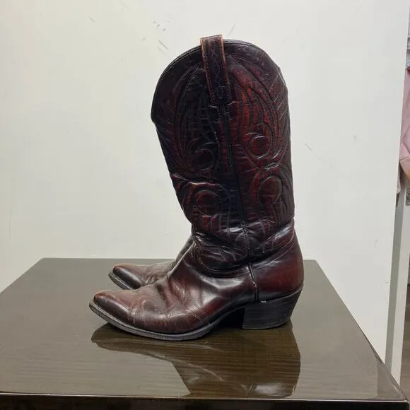 Vintage J. Chisholm Burgundy Leather Western Cowboy Boots Men's 8 EE