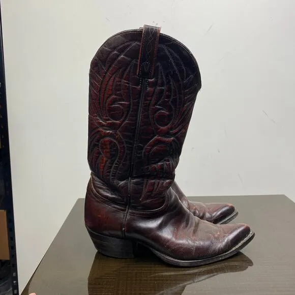Vintage J. Chisholm Burgundy Leather Western Cowboy Boots Men's 8 EE