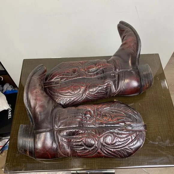Vintage J. Chisholm Burgundy Leather Western Cowboy Boots Men's 8 EE