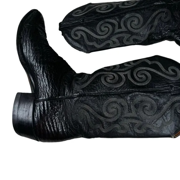 Vintage J Chisholm‎ Western Handcrafted Black Leather Cowboy Men's Boots 8.5 D