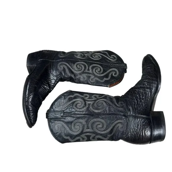 Vintage J Chisholm‎ Western Handcrafted Black Leather Cowboy Men's Boots 8.5 D