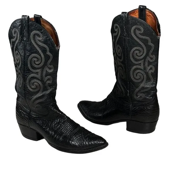 Vintage J Chisholm‎ Western Handcrafted Black Leather Cowboy Men's Boots 8.5 D