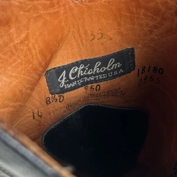 Vintage J Chisholm‎ Western Handcrafted Black Leather Cowboy Men's Boots 8.5 D
