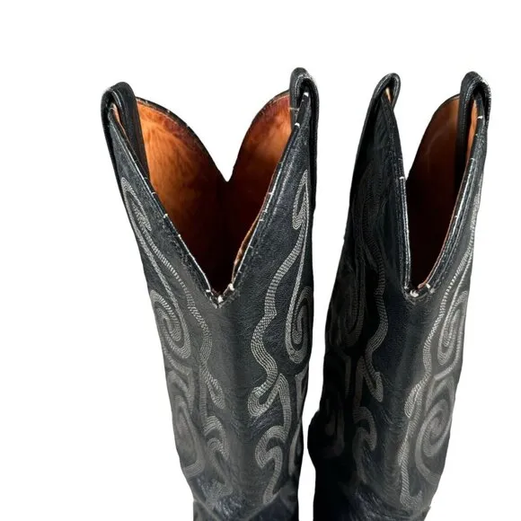Vintage J Chisholm‎ Western Handcrafted Black Leather Cowboy Men's Boots 8.5 D