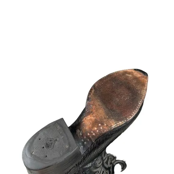 Vintage J Chisholm‎ Western Handcrafted Black Leather Cowboy Men's Boots 8.5 D