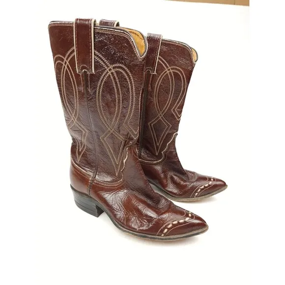 Vintage Justin L4041 Brown Patent Leather Cap Toe Western Cowboy Boots Size 4.5C