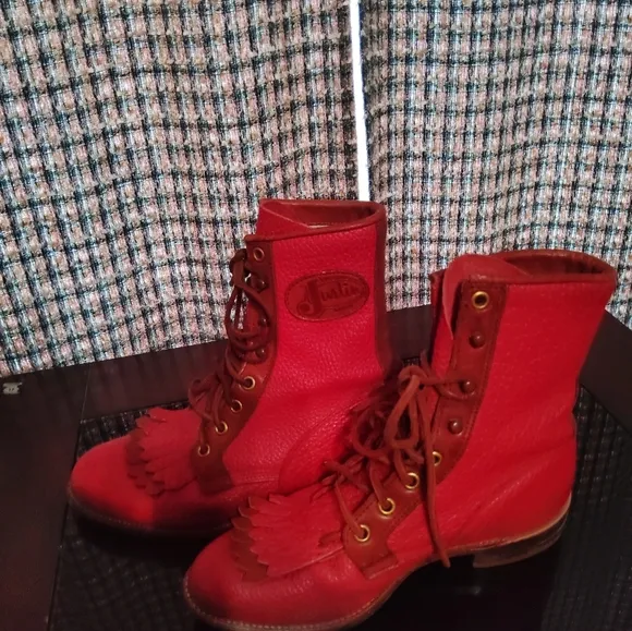 Vintage Justin Red Leather Lace Up Roper Boots