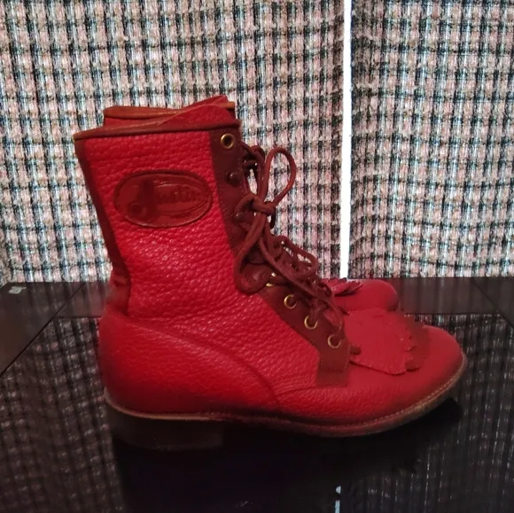 Vintage Justin Red Leather Lace Up Roper Boots