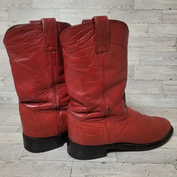 Vintage Justin Western Red Elephant &quot;Print&quot; Leather Roper Cowboy Boots Size 8.5