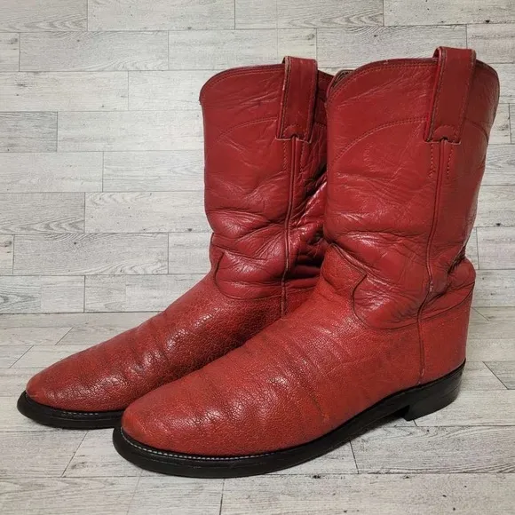 Vintage Justin Western Red Elephant &quot;Print&quot; Leather Roper Cowboy Boots Size 8.5