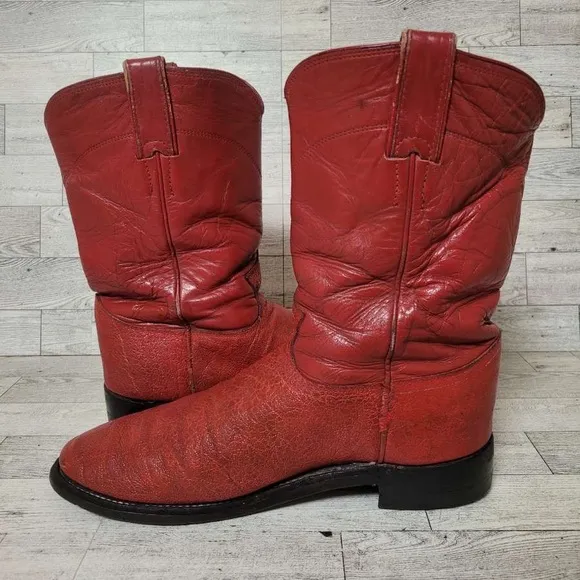 Vintage Justin Western Red Elephant &quot;Print&quot; Leather Roper Cowboy Boots Size 8.5