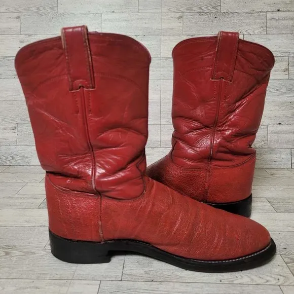 Vintage Justin Western Red Elephant &quot;Print&quot; Leather Roper Cowboy Boots Size 8.5