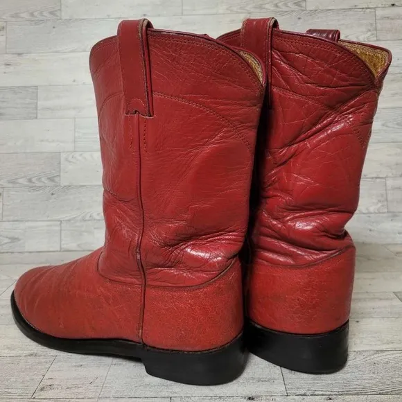 Vintage Justin Western Red Elephant &quot;Print&quot; Leather Roper Cowboy Boots Size 8.5