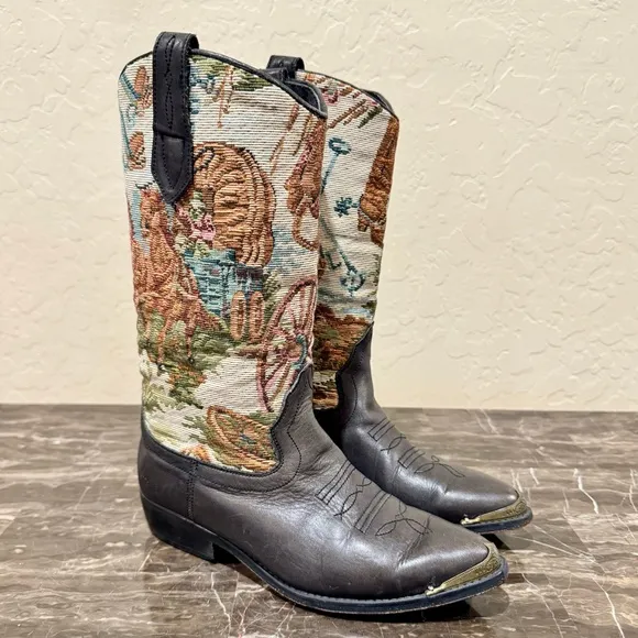 Vintage Leather Tapestry Cowboy Boots