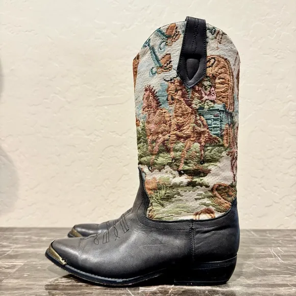 Vintage Leather Tapestry Cowboy Boots