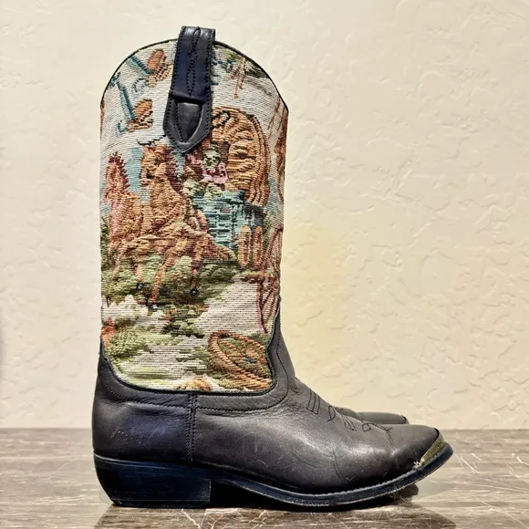 Vintage Leather Tapestry Cowboy Boots