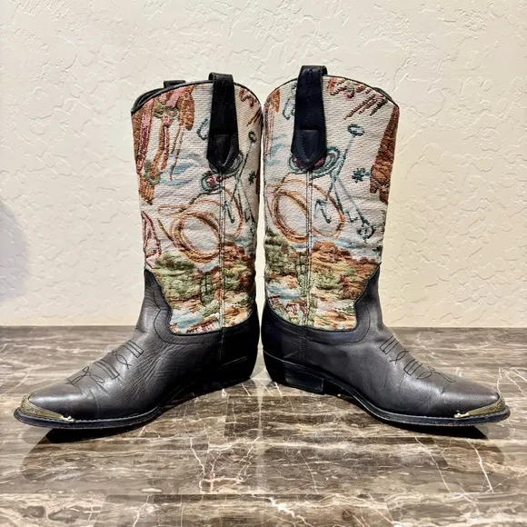 Vintage Leather Tapestry Cowboy Boots