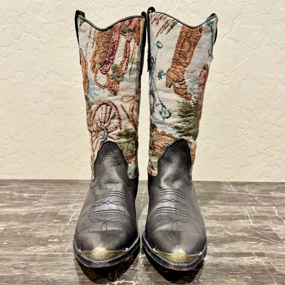 Vintage Leather Tapestry Cowboy Boots