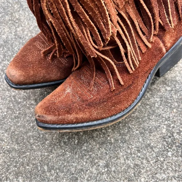 Vintage little girls brown suede leather fringe cowgirl boots with studded edge