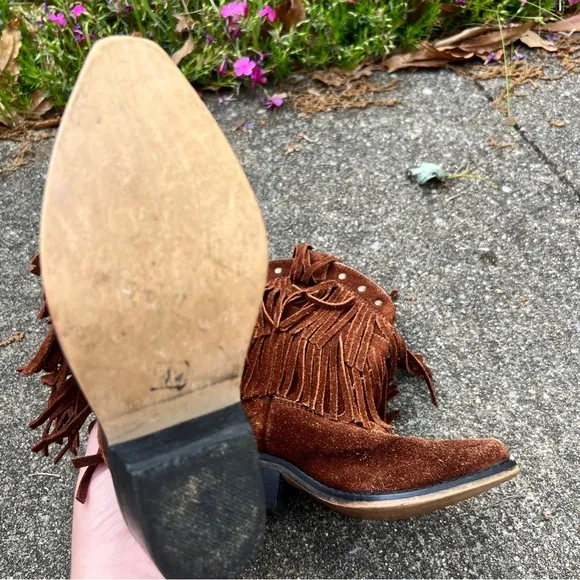 Vintage little girls brown suede leather fringe cowgirl boots with studded edge