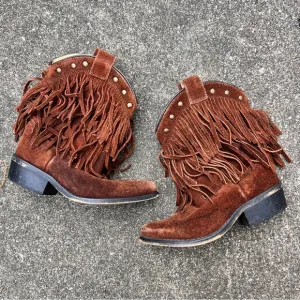 Vintage little girls brown suede leather fringe cowgirl boots with studded edge