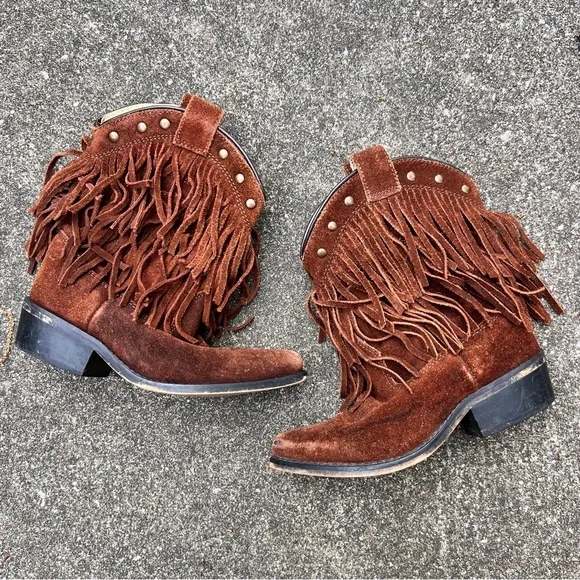 Vintage little girls brown suede leather fringe cowgirl boots with studded edge